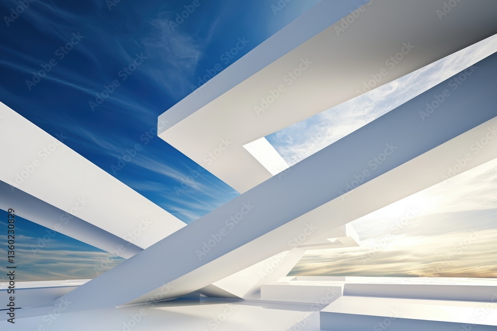 Poster a modern architectural design featuring intersecting white structures against a blue sky with clouds