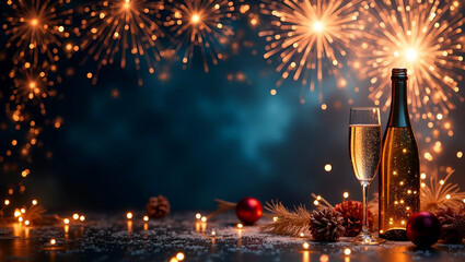 Festive New Year Border Frame with Fireworks and Champagne: Celebratory Scene for Custom Copy