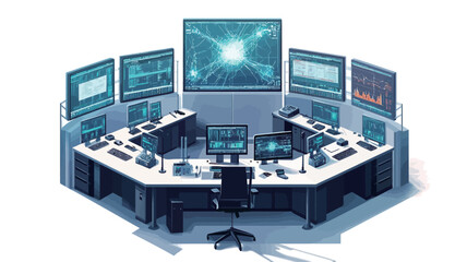 Isometric illustration of a modern network operations center. The image shows a hexagonal arrangement of workstations, each equipped with multiple computer monitors displaying various data streams