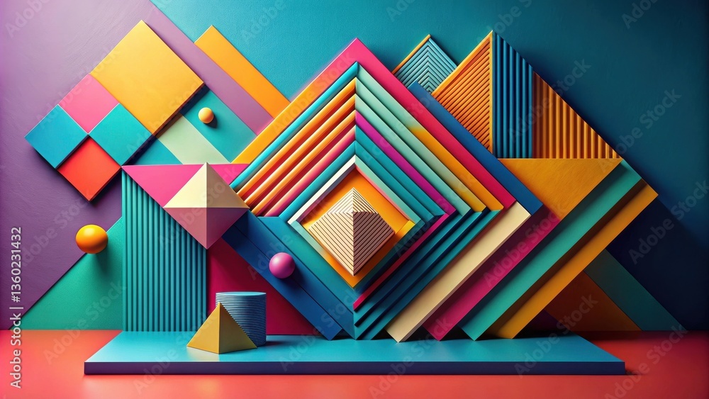 Poster vibrant geometric shapes composition featuring layered colorful forms and 3d objects on platform