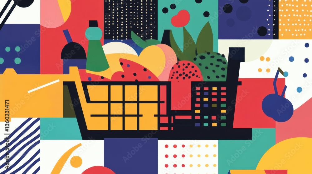 Poster Stylish abstract grocery shopping theme with bold colors and geometric shapes showcasing a modern design of a shopping cart filled with items Generative AI