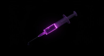 Glowing purple syringe with a drop against a stark black background, equipment, healthcare, dental, tool, medical, clinic, instrument