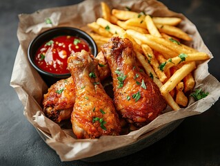 Fried chicken legs with french fries