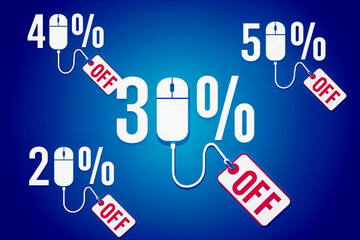 Cyber Monday mega sale! Huge discounts on tech with 20%, 30%, 40%, and 50% off deals, all available online now using computer mice icons on a vibrant blue background.