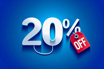A celebratory 20% off sale announcement with a playful, 3D design featuring a silver number and a red discount tag against a vibrant blue background.
