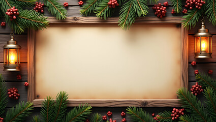 Warm Rustic Christmas Border Frame with Pine Branches and Lanterns - Cozy Copy Space for Holiday Messages in Photo Stock Design with Empty Left Side