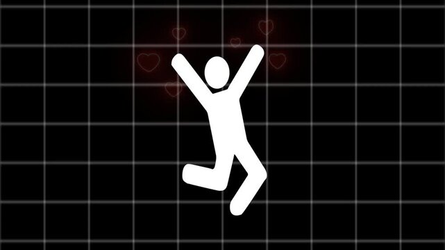 jumping with joy, stick figure, red glowing hearts, black grid background, energetic and happy mood