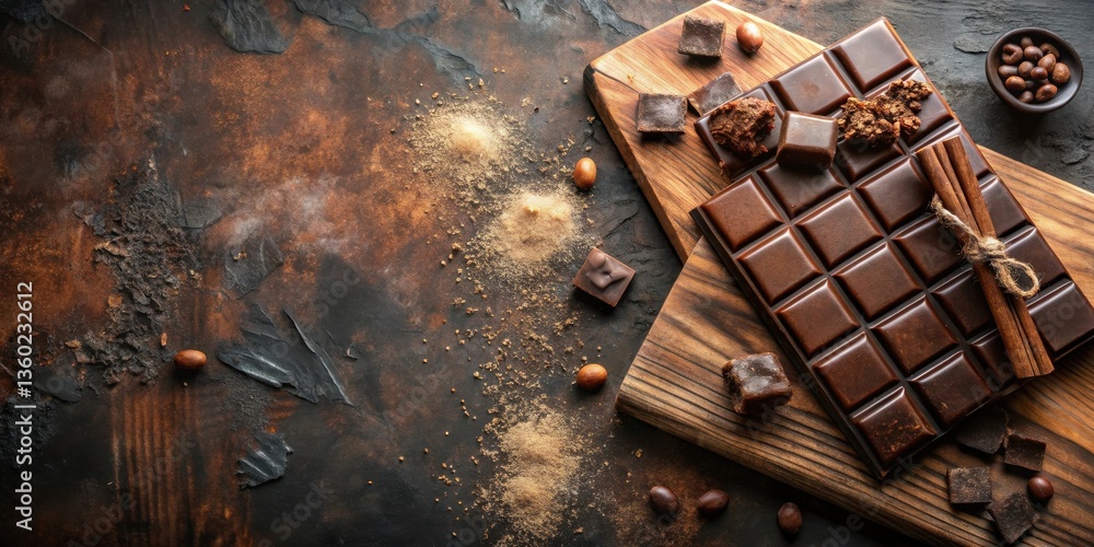 Poster Dark Chocolate Bar with Cinnamon and Cocoa Nibs on Rustic Wooden Board
