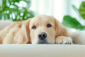 Golden retriever resting head on comfortable sofa, enjoying a peaceful moment at home