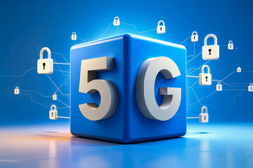 The Secure Future of 5G: A robust blue cube displaying 5G technology, securely connected with numerous digital locks, symbolizing the advanced security measures protecting the network.