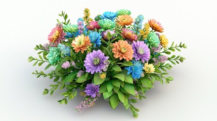Vibrant cluster of colorful, fantasy-toned daisy-like blossoms with green leafy foliage on a plain surface
