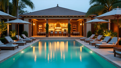 Flat Exclusive luxury cabana club featuring private mixology workshops and poolside cocktail sessions for premium clientele. concept as Elegant cabana setting with poolside area where guests engage in