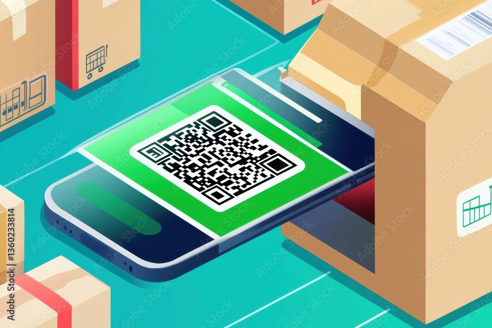 Poster Futuristic smartphone scanning QR code for a grocery order pickup in a modern delivery environment Generative AI