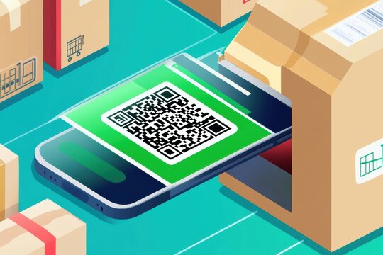 Futuristic smartphone scanning QR code for a grocery order pickup in a modern delivery environment Generative AI - Powered by Adobe