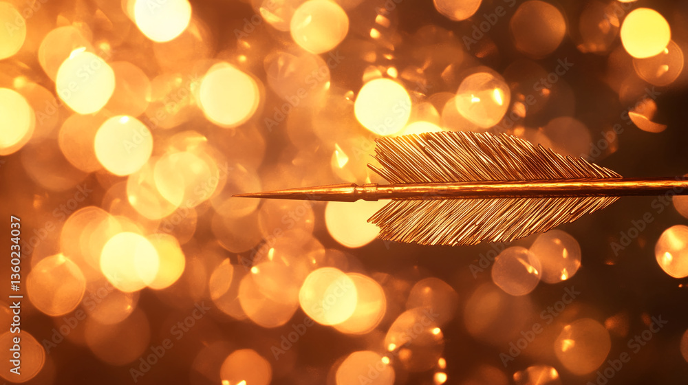 Poster golden arrow with textured feather, against a bokeh background of warm orange lights, symbolizes lov