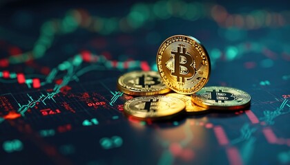 Bitcoin gold coins, with financial chart background. Cryptocurrency, digital asset, investment, trading, market analysis, blockchain tech, money, finance concept. Digital currency valuation. Bitcoin
