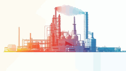 Obraz premium An illustration depicting a stylized silhouette of an industrial complex against a white background. The silhouette is rendered in a vibrant gradient of warm and cool colors, transitioning from