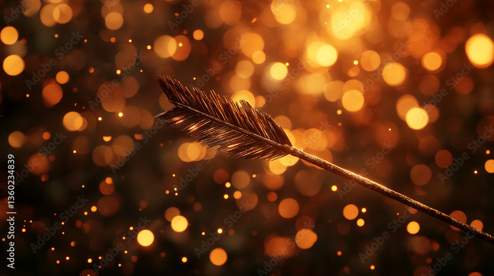 Poster bronze arrow with feather fletching against bokeh background of warm gold and brown lights, suggesti
