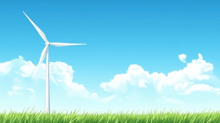 Fototapeta premium Wind turbine standing tall in a green grassy field under a bright blue sky, showcasing renewable energy,
