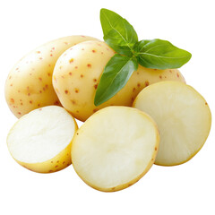 Freshly cut potatoes with basil leaves, showcasing their texture and color