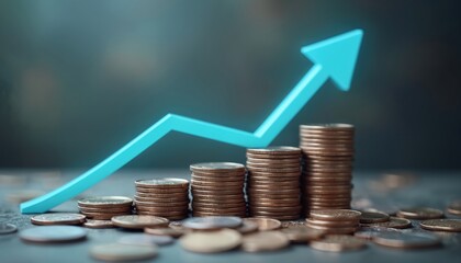Stacked coins with rising arrow symbolize financial growth investment savings increase. Economy business banking concept. Profit dividend interest rate mortgage tax loan stock market rise.