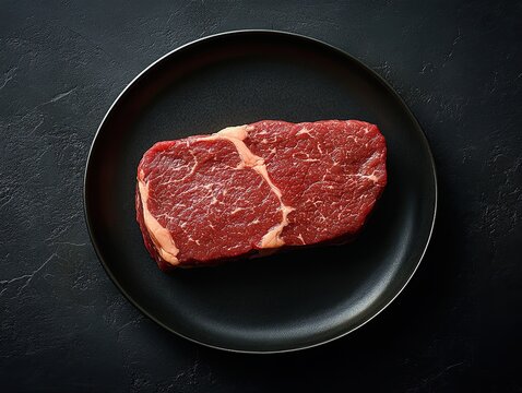 Medium rare beef steak on a black plate. Dark background. Top view.