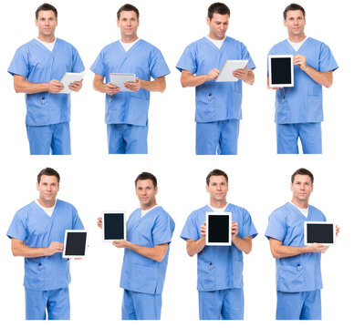 Multiple male doctor physician surgeon associate nurse clinician in blue scrubs with digital tablet computer isolated on white background