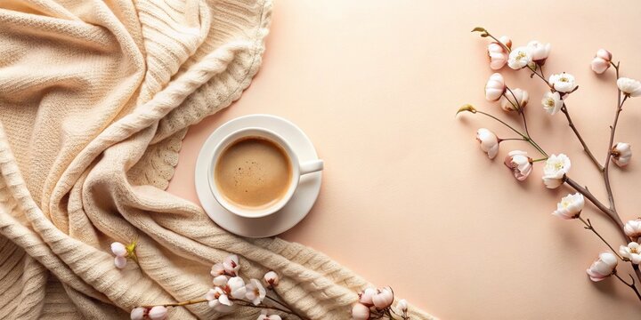 A Cozy Morning Coffee, Knitted Throw, and Delicate Blossoms Arranged on a Soft Peach Background