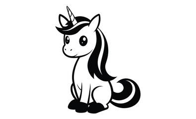Cute sitting unicorn pose silhouette, Cute unicorn line art, unicorn line drawing coloring page, Simple flat line doodle icon design 