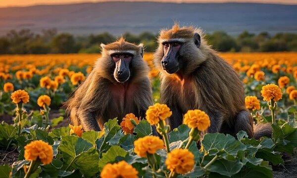 Two baboons sit among vibrant orange flowers during sunset in a picturesque landscape.