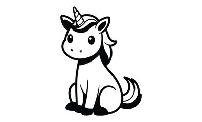 Cute sitting unicorn pose silhouette, Cute unicorn line art, unicorn line drawing coloring page, Simple flat line doodle icon design  © SilhouetteForge