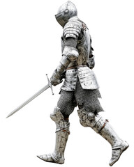 Medieval knight walking with sword on transparent background