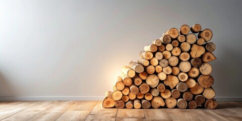 A neatly stacked pile of round logs rests against a pale wall, showcasing natural wood grain and texture on a light wood floor