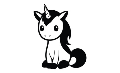 Cute sitting unicorn pose silhouette, Cute unicorn line art, unicorn line drawing coloring page, Simple flat line doodle icon design 