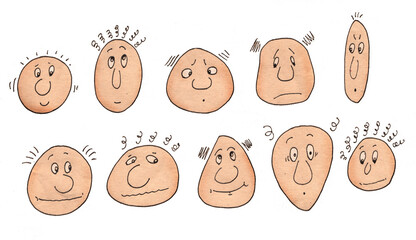 Hand-drawn cartoon faces expressions, emotions, moods isolated on transparent background. Doodle-style illustration, emotion concepts, psychology, animation, comics, character design