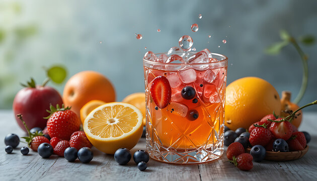 Freshly squeezed berry cocktail with ice and mint leaves, sitting on rocks amidst a serene natural setting.
