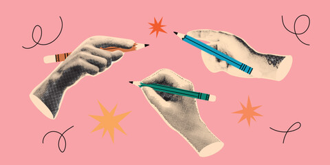Set of different school pencils in a trendy halftone art collage. Pencils with rubber erasers and human hands. Vector Y2K pop art illustration.