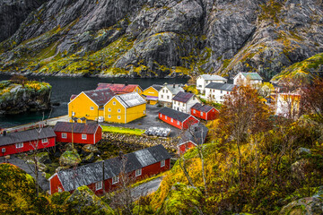 Hamnoy fishing village with traditional houses in Norwegian fjord in winter. Lofoten Islands, Norway