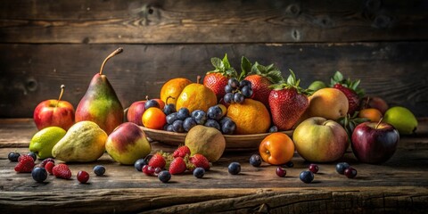 A Rustic Still Life Featuring a Bountiful Arrangement of Fresh Fruit in a Wooden Bowl, Displaying a Vibrant Array of Colors and Textures on a Weathered Wooden Surface