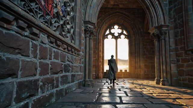 Mysterious figure walking through ancient castle corridor at sunset