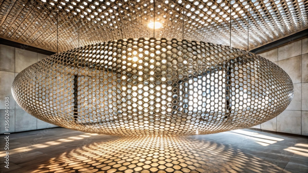 Poster suspended elliptical structure with circular perforations in modern interior