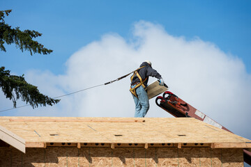 Workman in safety harness on wood framed house roof carrying package of roofing materials delivered...