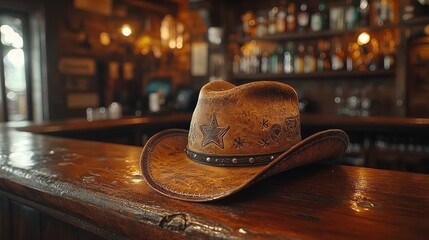 Western cowboy hat on a bar counter