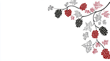 Abstract Red and Black Berries Branch on White Background