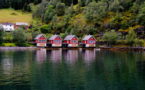 Hamnoy fishing village with traditional houses in Norwegian fjord in winter. Lofoten Islands, Norway