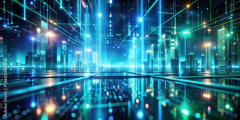 Poster futuristic cityscape with illuminated towers and abstract data streams reflecting on a sleek surface