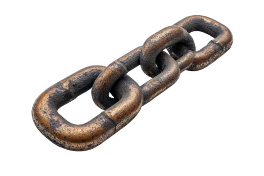 A close-up of a robust metal chain, highlighting its sturdy links and weathered texture, symbolizing strength and durability in industry.