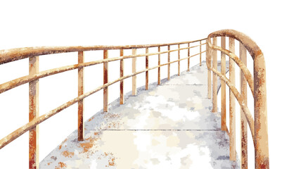 The image shows a perspective view of an elevated walkway or short bridge. The walkway appears to be made of light-grey concrete and has rusty metal railings on both sides. The railings are