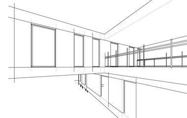 Modern Architectural Sketch - Abstract Residential Building - Wireframe Perspective - Vector Illustration