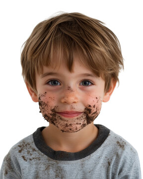 Portrait of smiling child with dirty face and clothes on transparent background